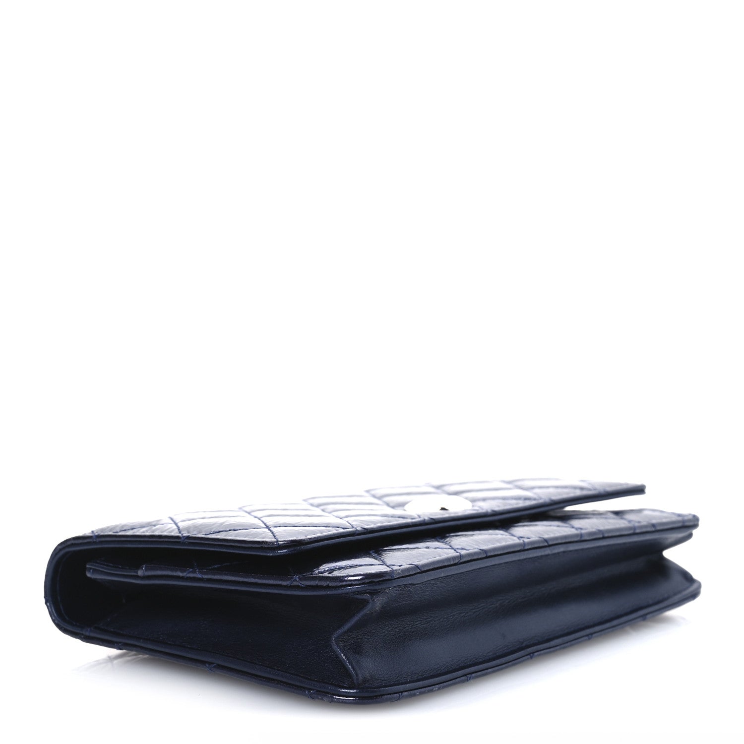 Patent Metallic Crumpled Calfskin Quilted Wallet On Chain WOC Navy