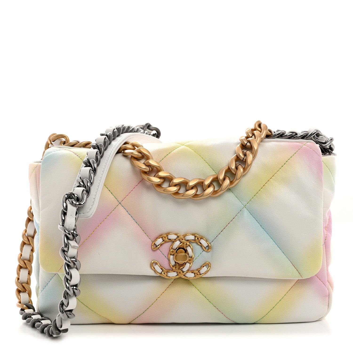 Printed Goatskin Quilted Medium Chanel 19 Flap White Multicolor