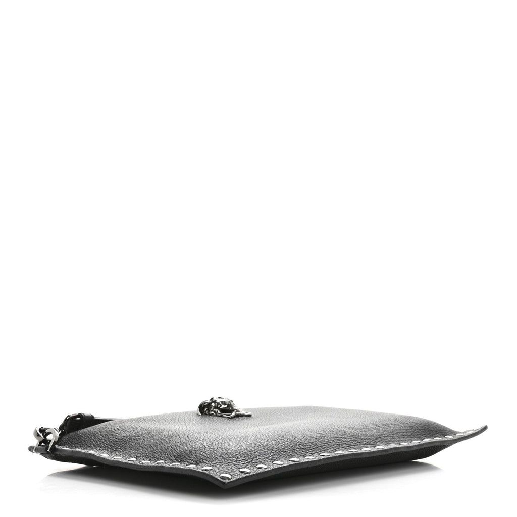 Grained Calfskin Studded Medusa Wristlet Pouch Black
