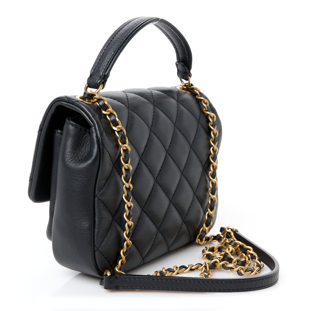 Calfskin Quilted Top Handle Flap Black