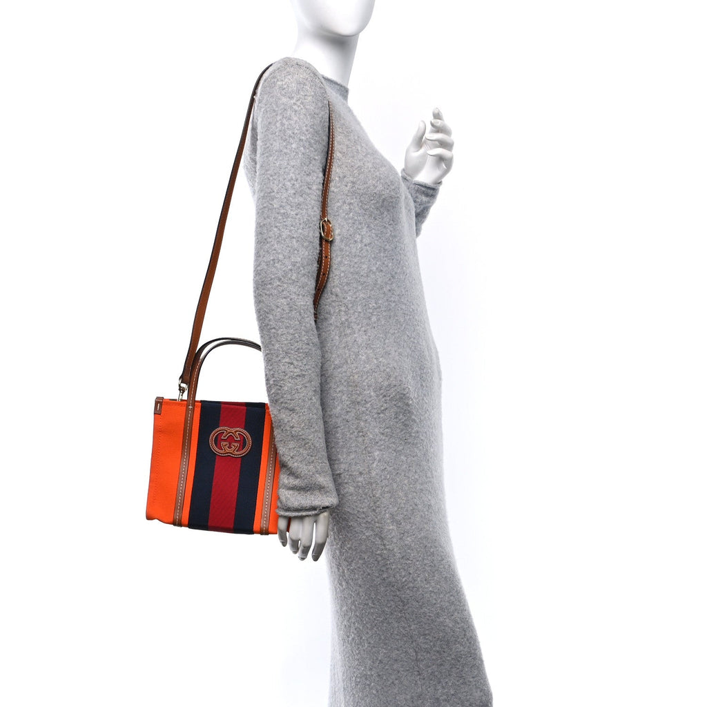 Canvas Calfskin Web Mini Interlocking G Top Handle Tote Vibrant  Orange Hazel Brown