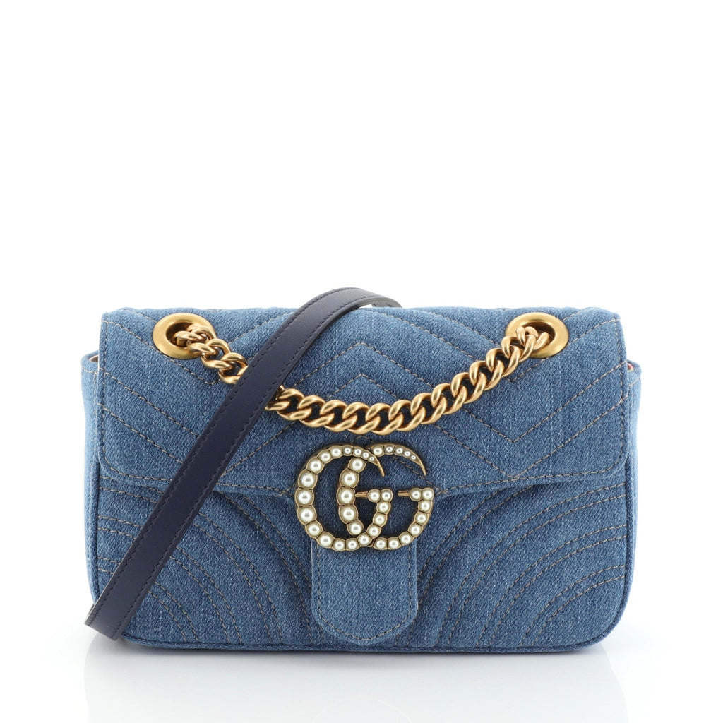 Pearly GG Marmont Flap Bag Matelasse Denim Mini