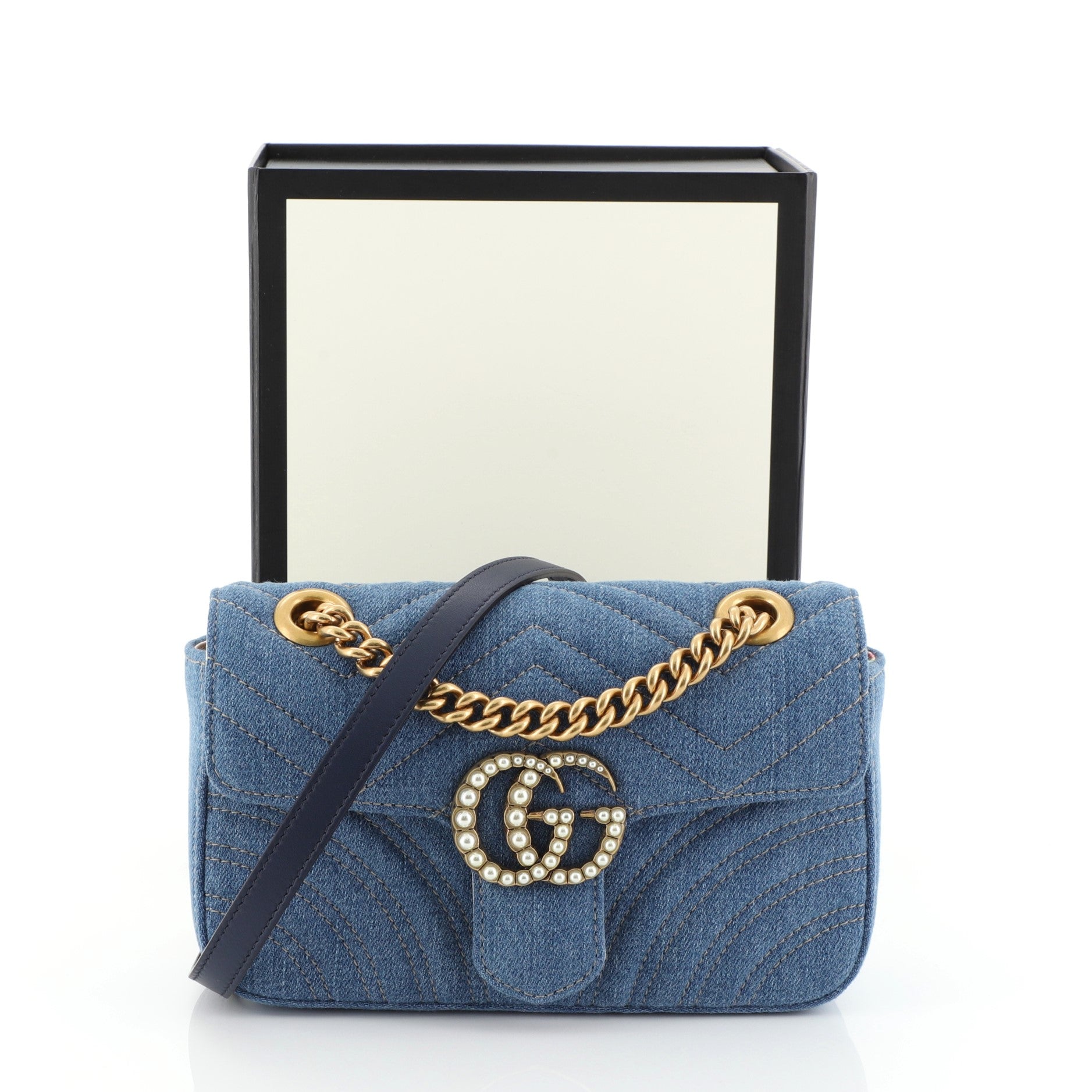 Pearly GG Marmont Flap Bag Matelasse Denim Mini