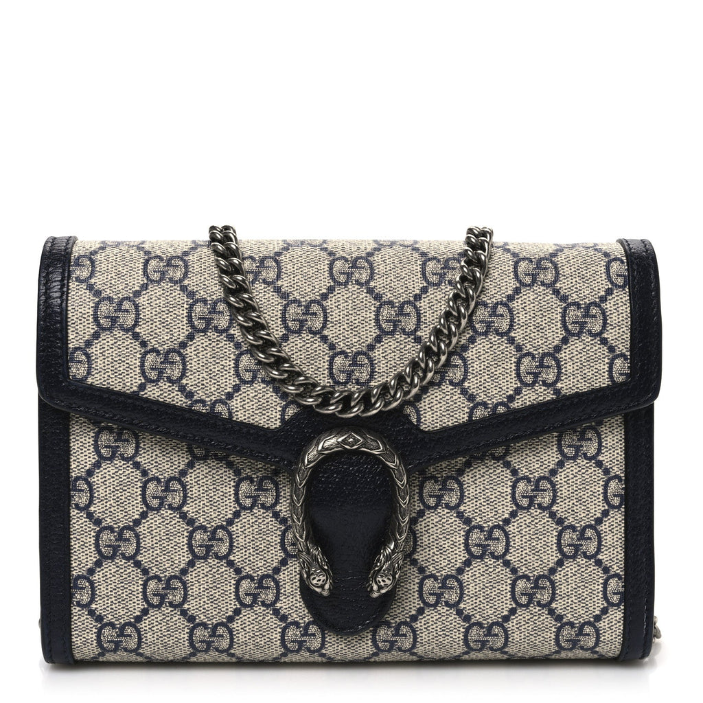 GG Supreme Monogram Textured Dollar Calfskin Mini Dionysus Chain Wallet Beige Blue