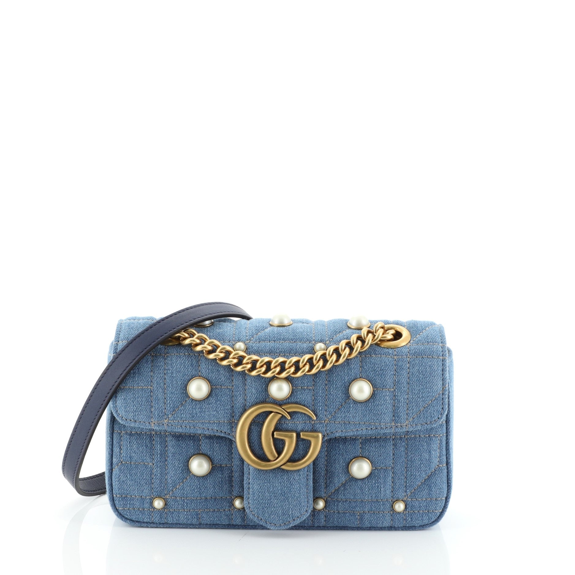 Pearly GG Marmont Flap Bag Embellished Matelasse Denim Mini