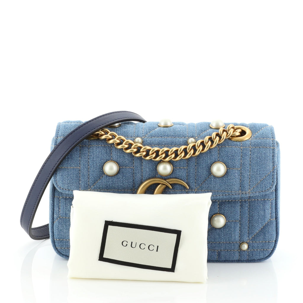 Pearly GG Marmont Flap Bag Embellished Matelasse Denim Mini