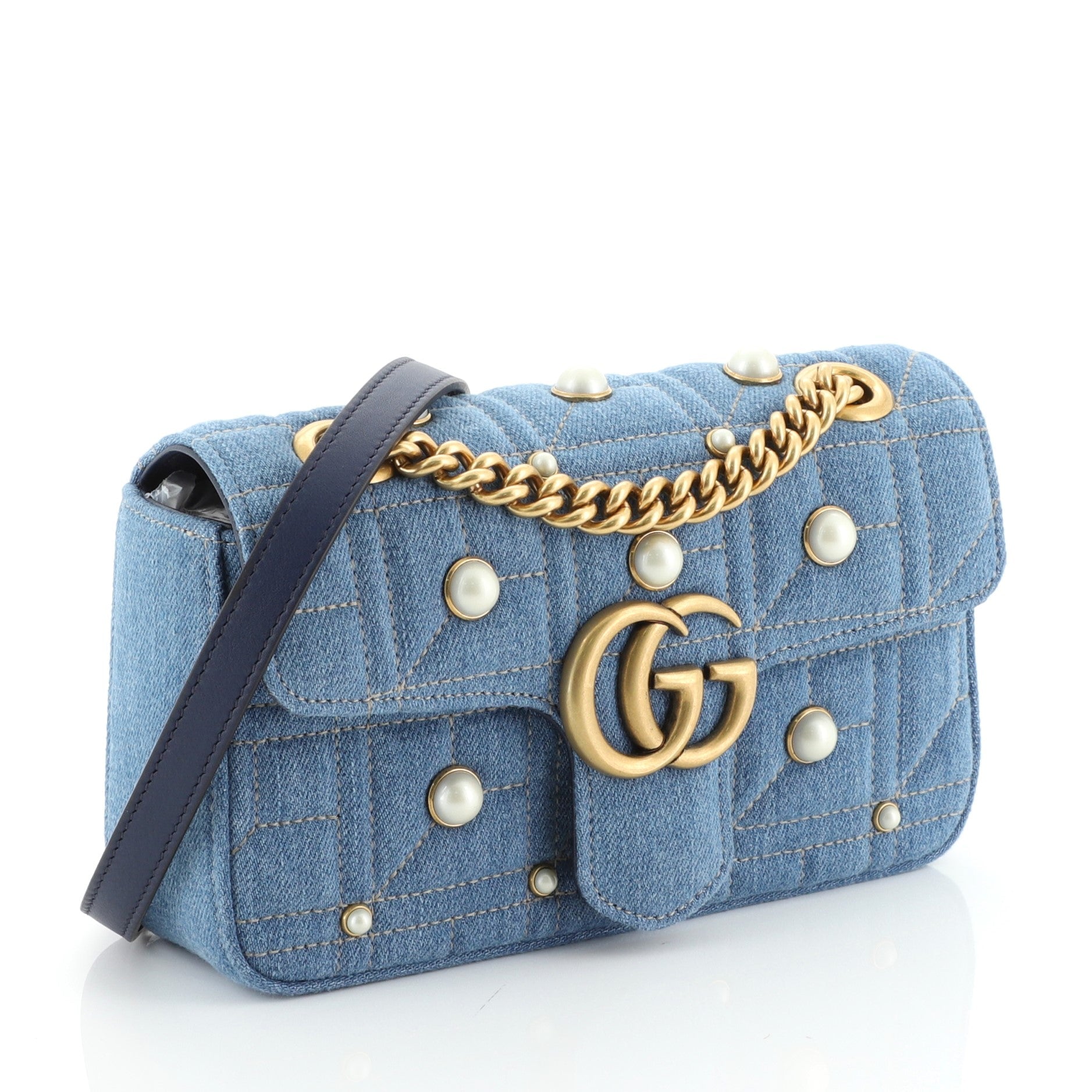 Pearly GG Marmont Flap Bag Embellished Matelasse Denim Mini