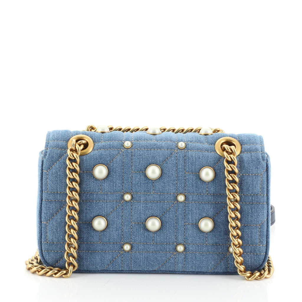 Pearly GG Marmont Flap Bag Embellished Matelasse Denim Mini