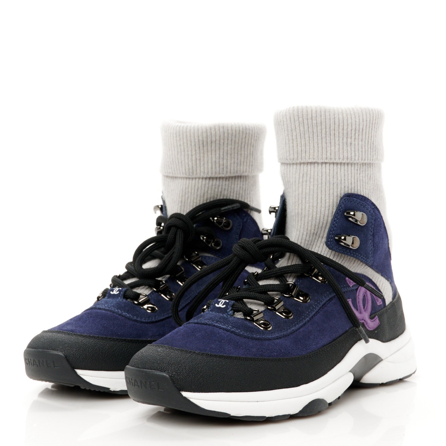 Suede Calfskin Knit CC Sneakers 38 Dark Blue Light Grey