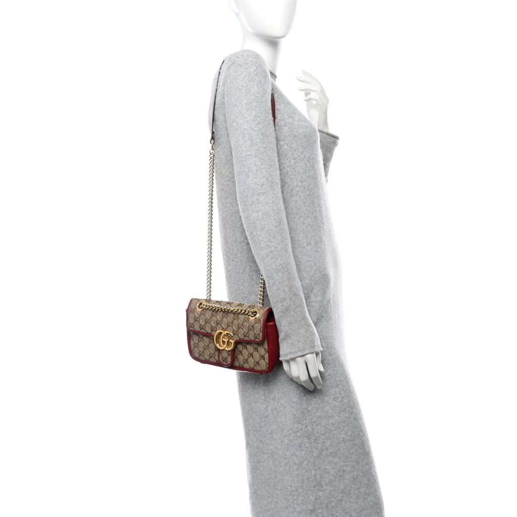 Monogram Azalea Calfskin Matelasse Diagonal Mini GG Marmont Shoulder Bag Beige Ebony New Cherry Red