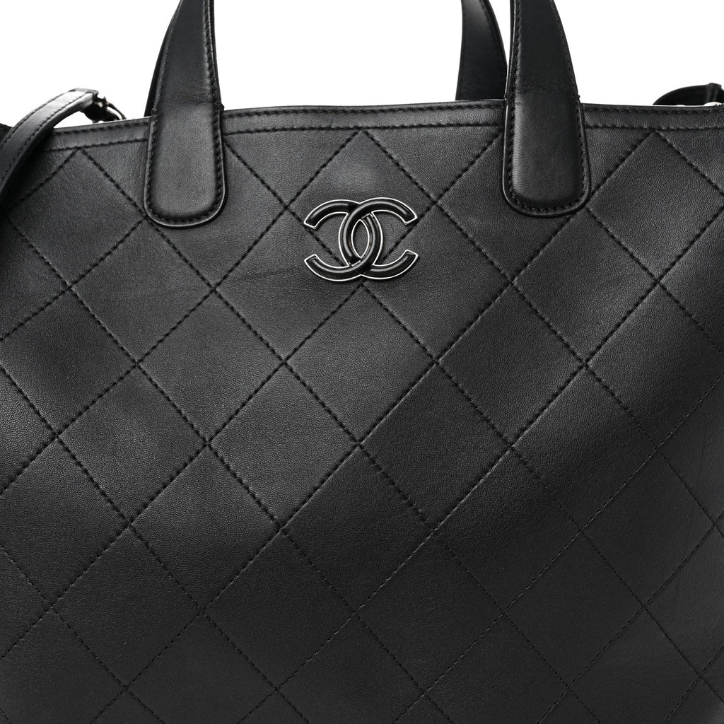 Calfskin Stitched Large Lady Coco Shopping Tote Black