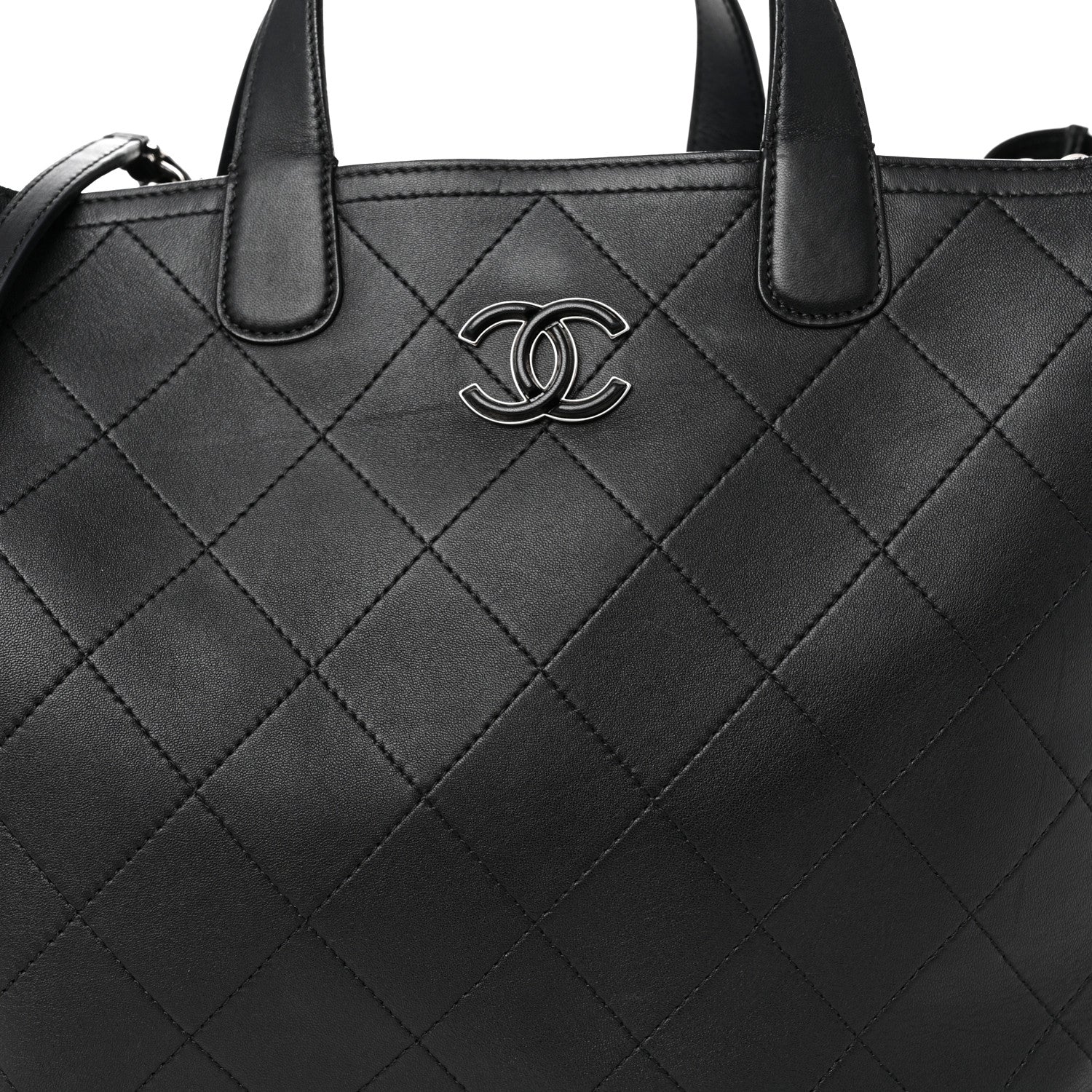Calfskin Stitched Large Lady Coco Shopping Tote Black