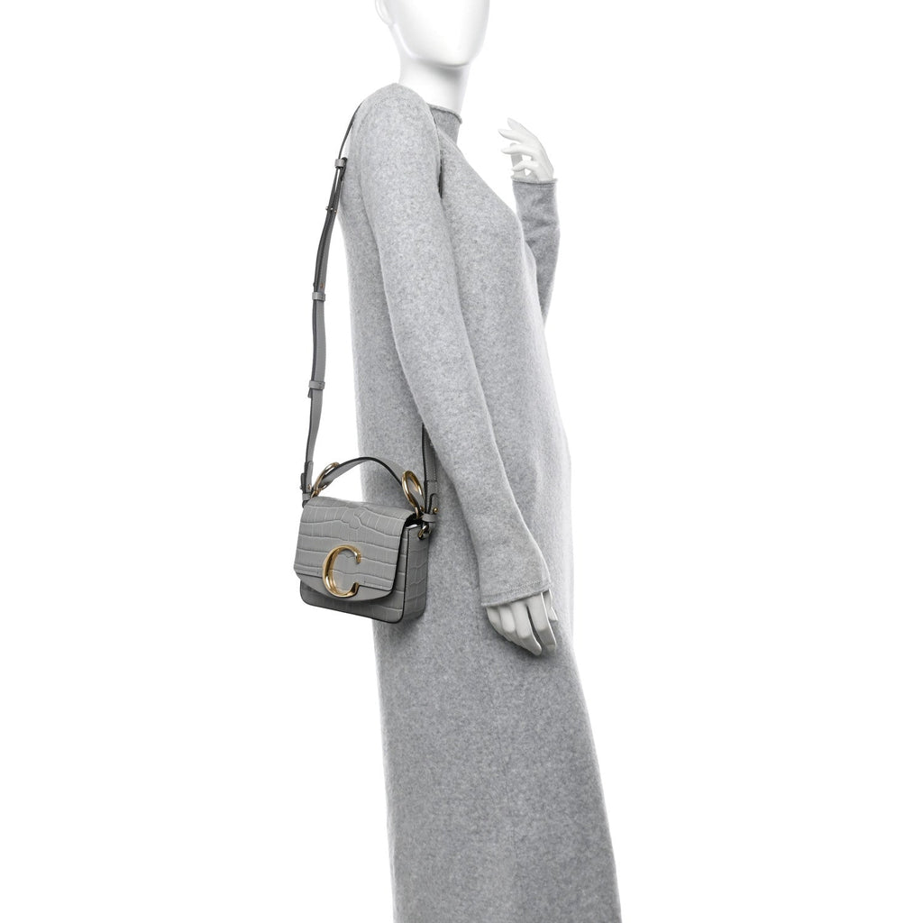 Calfskin Crocodile Embossed Mini C Bag Stormy Grey