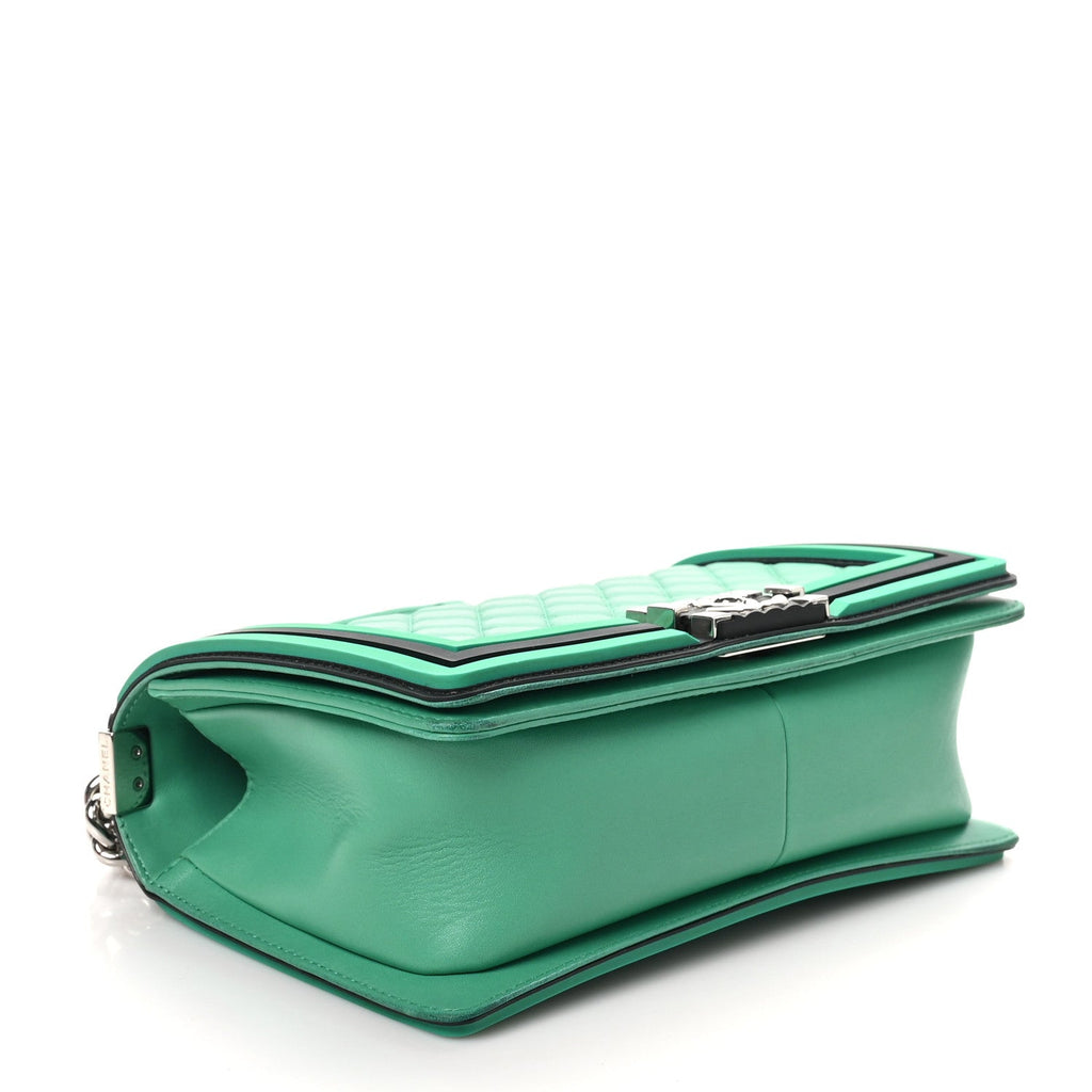 Lambskin Rubber Quilted Medium Two Tone Boy Flap Green Black