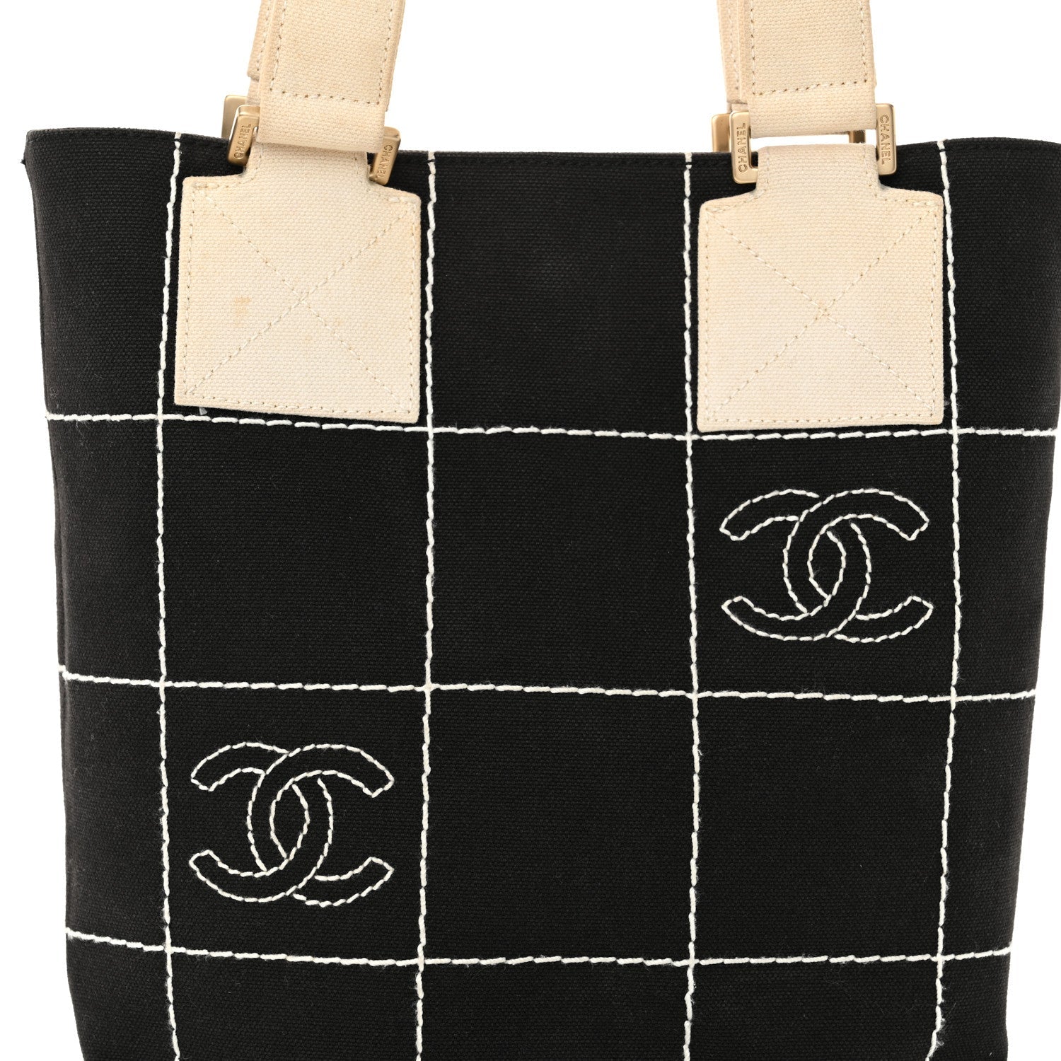 Canvas Square Stitched CC Small Tote Bag Black