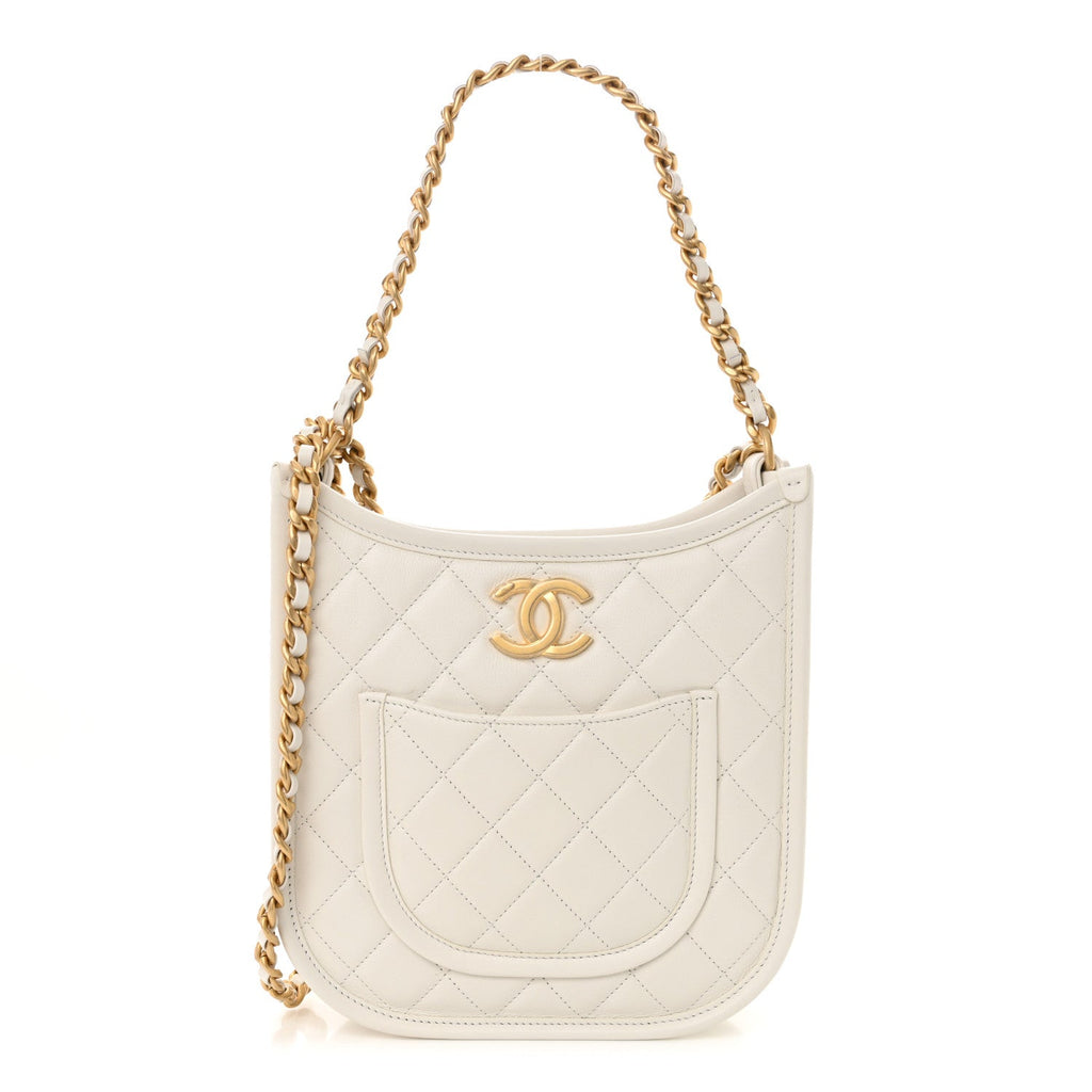 Calfskin Quilted CC Hobo Handbag White