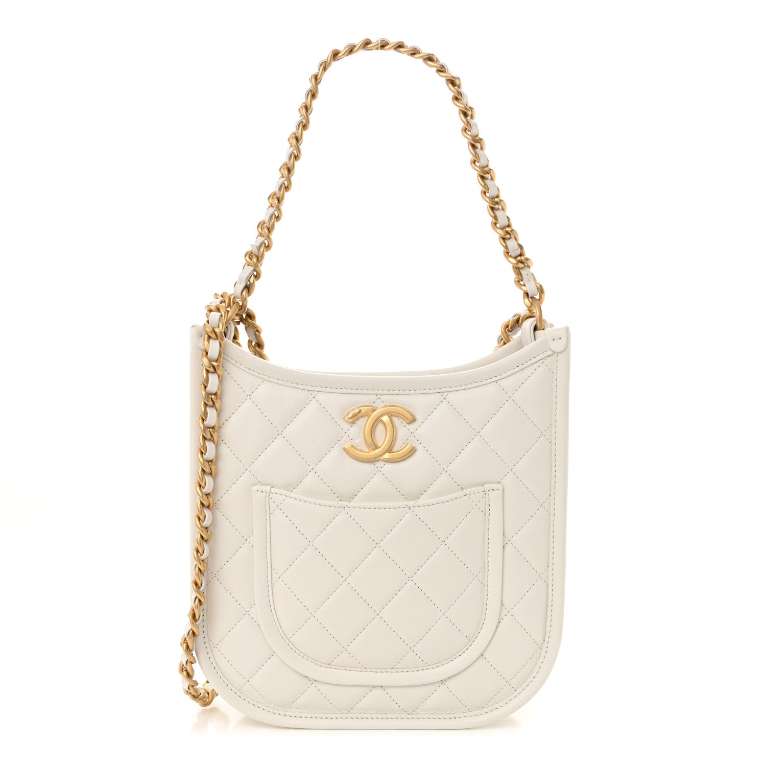 Calfskin Quilted CC Hobo Handbag White