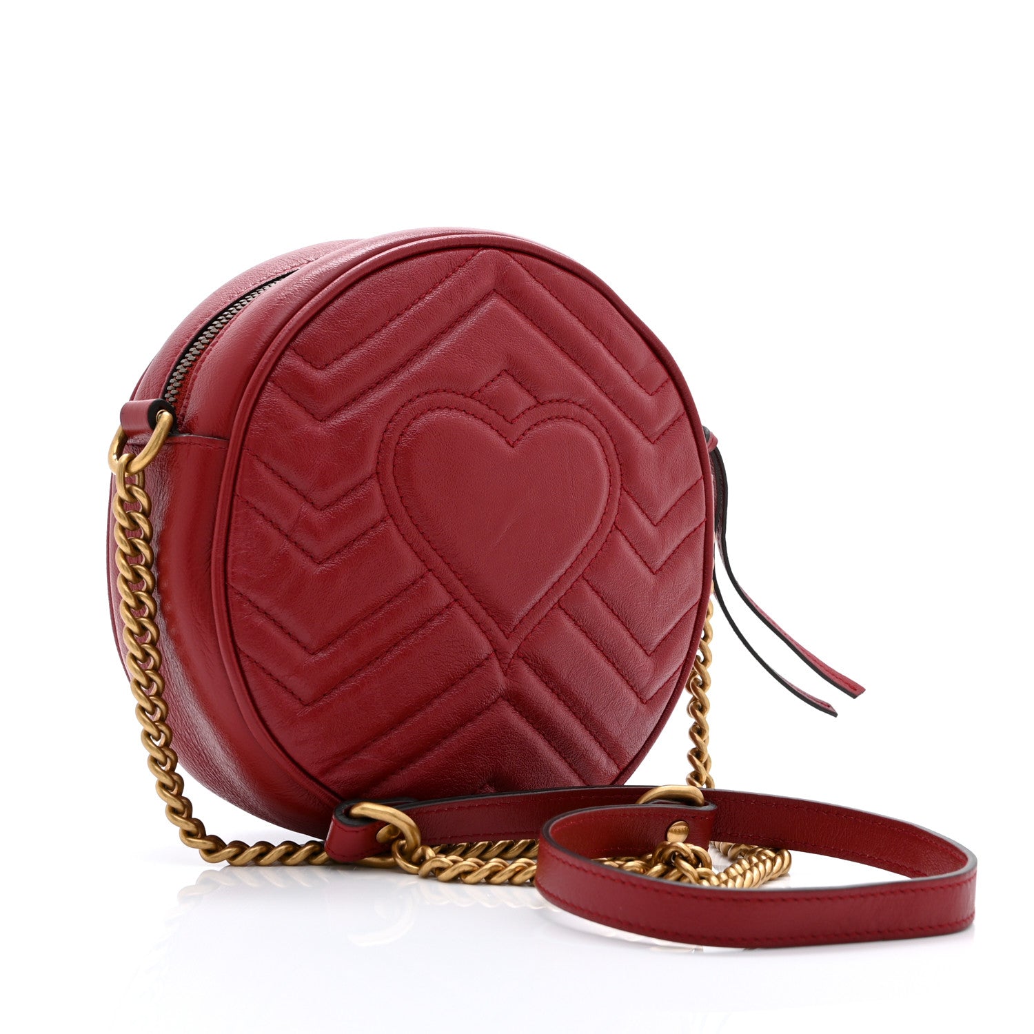 Glazed Calfskin Matelasse Heart Mini GG Marmont Round Shoulder Bag Romantic Cerise