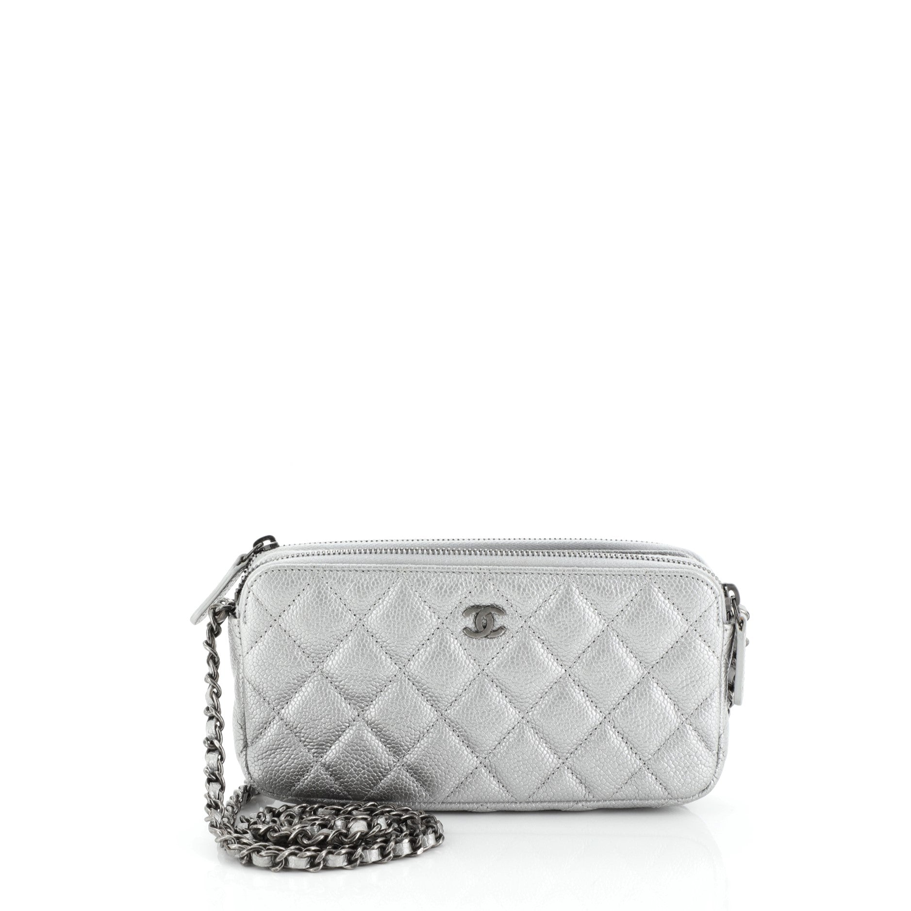 Double Zip Clutch with Chain Quilted Caviar