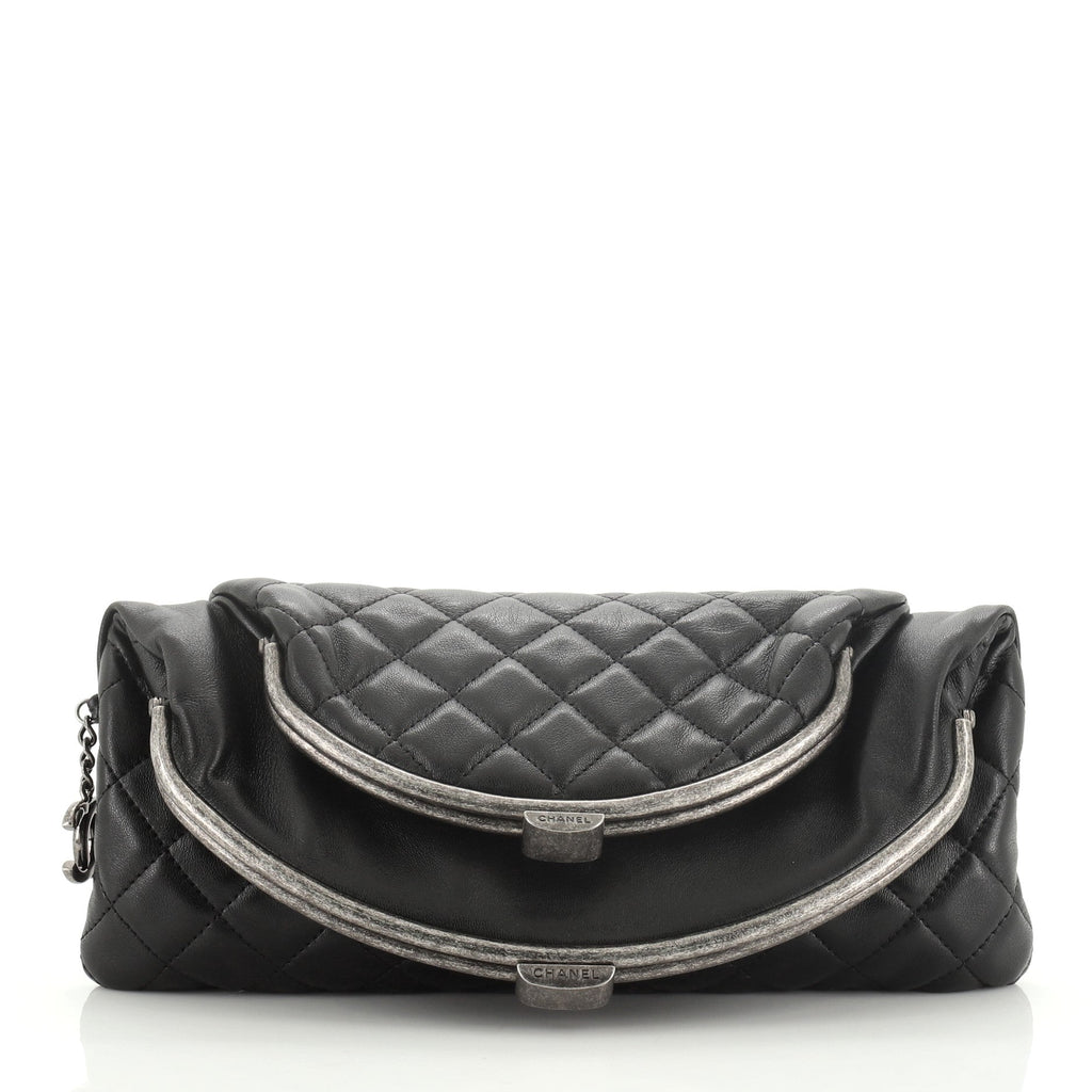 Double Kisslock Fold Over Clutch Quilted Leather Medium