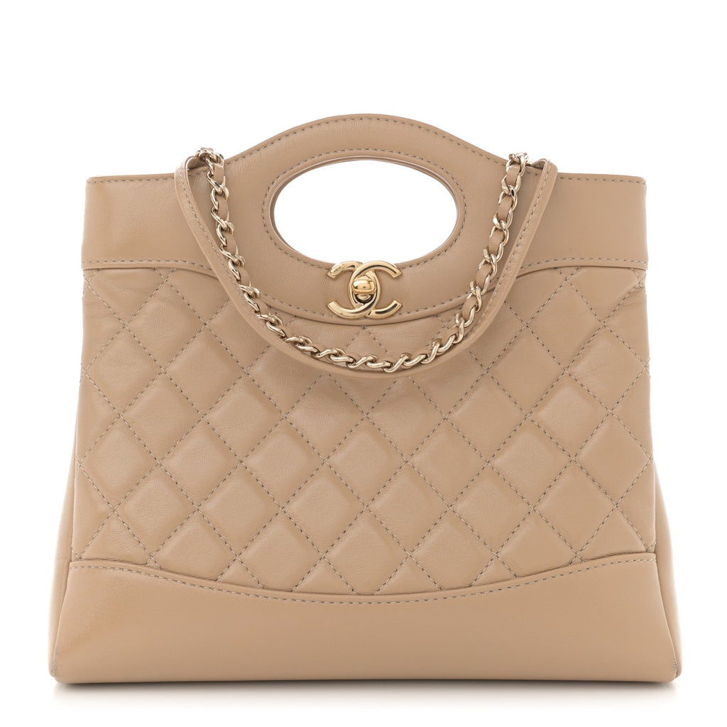 Shiny Crumpled Calfskin Quilted Mini 31 Shopping Bag Dark Beige