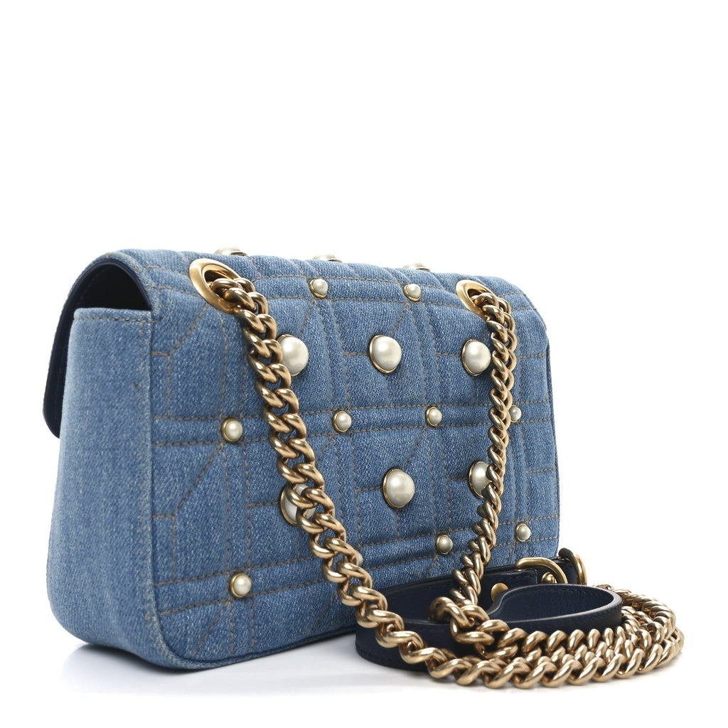 Denim Matelasse Pearl Studded Mini GG Marmont Shoulder Bag Blue