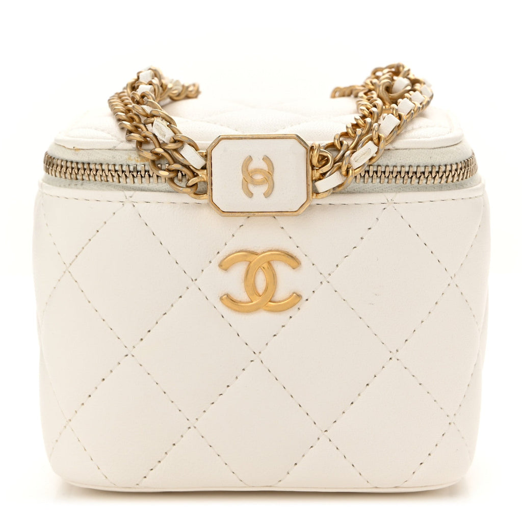 Lambskin Quilted Mini Vanity Case With Chain White