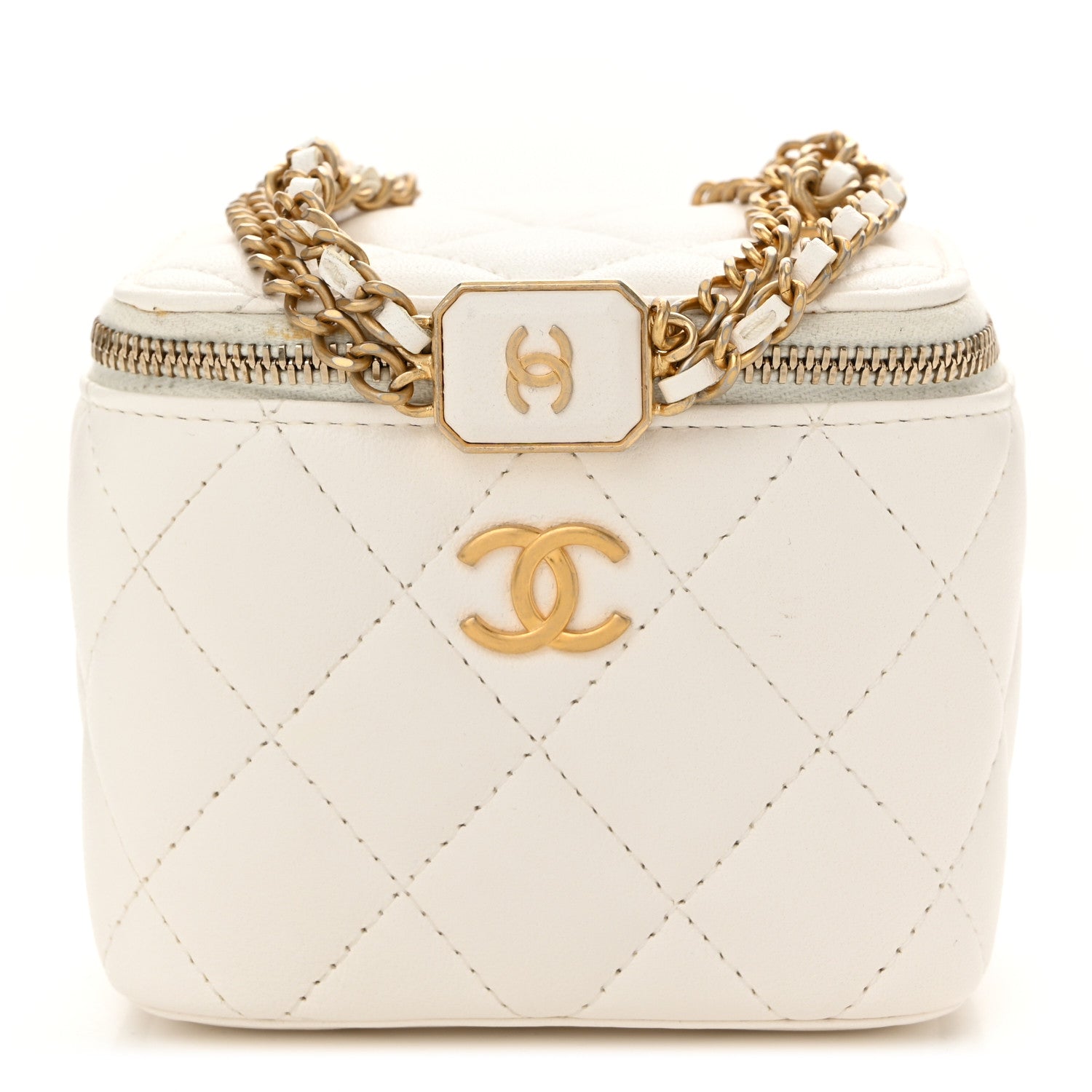 Lambskin Quilted Mini Vanity Case With Chain White