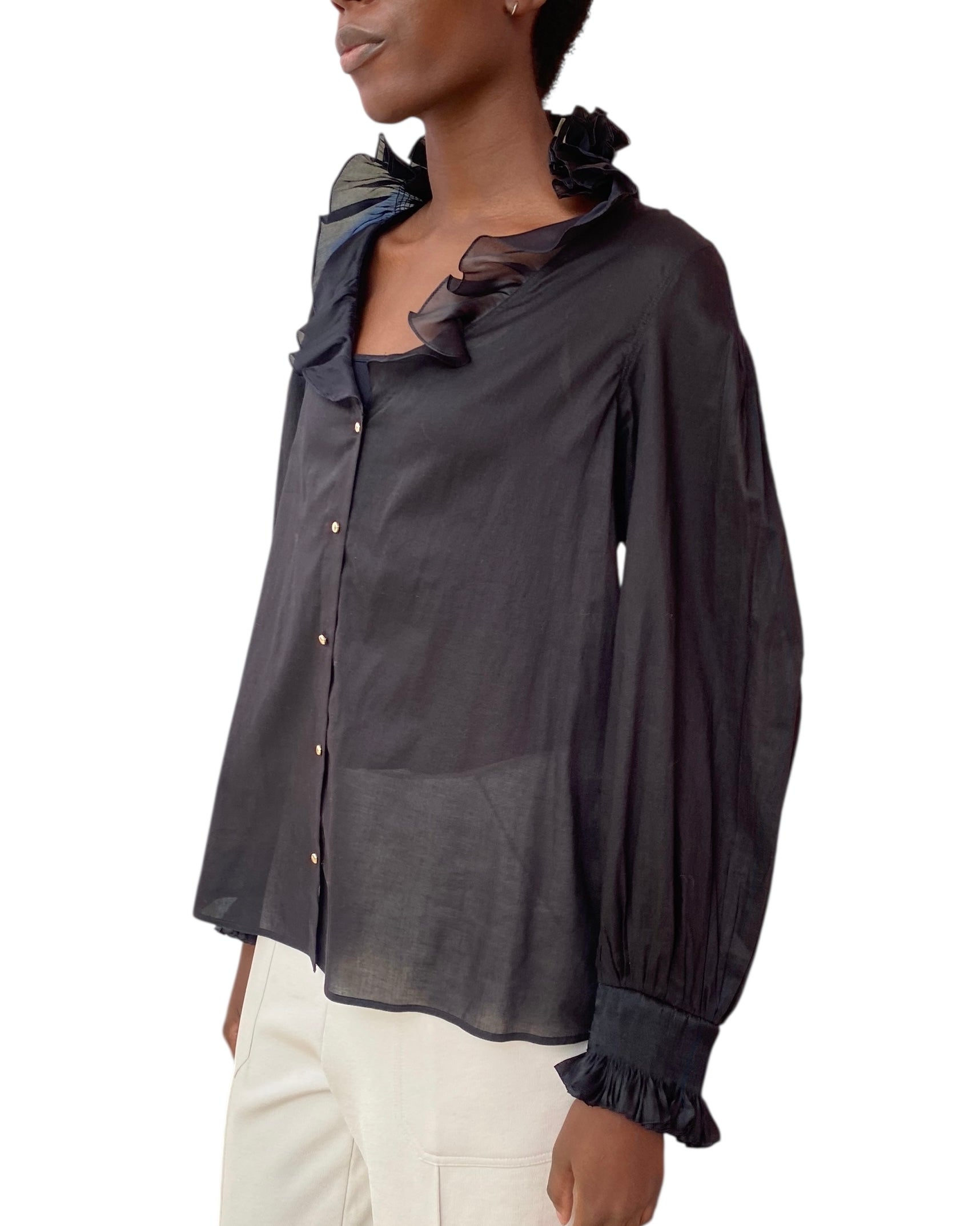 Roberto Cavalli Black Ruffle Trim Sheer Long Sleeve Blouse - 44 / US 8