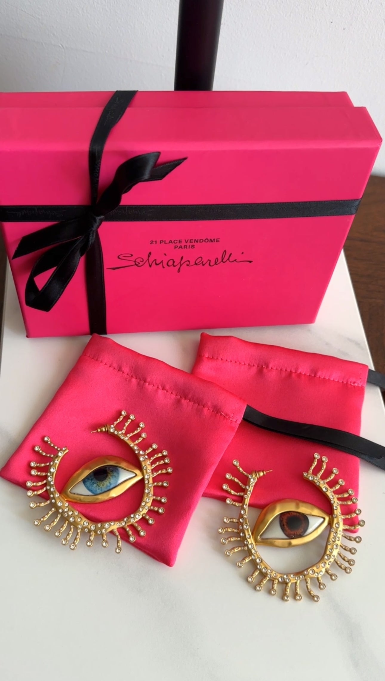 Schiaparelli Extra Large Enamel Eye Crystal Hoop Earrings