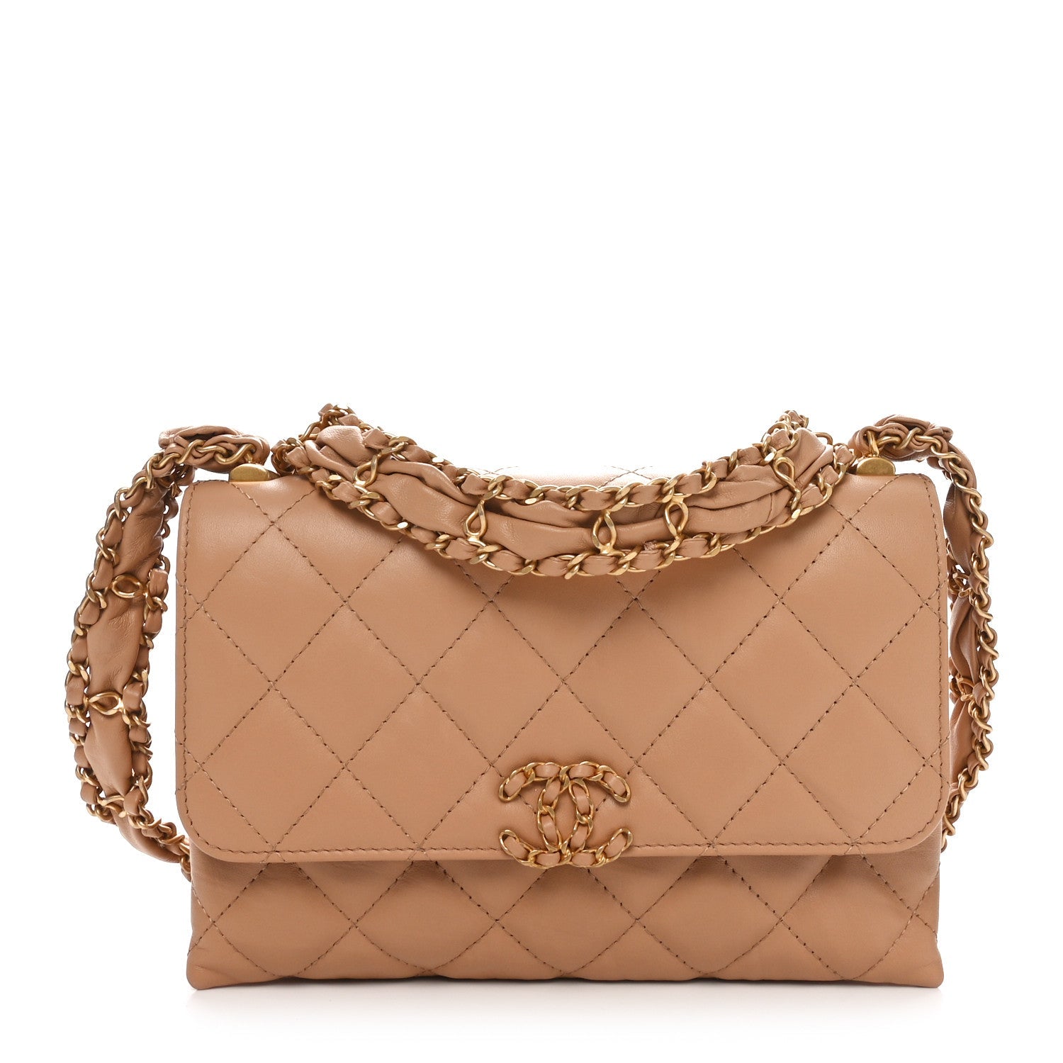 Crumpled Calfskin Quilted Coco First Flap Beige
