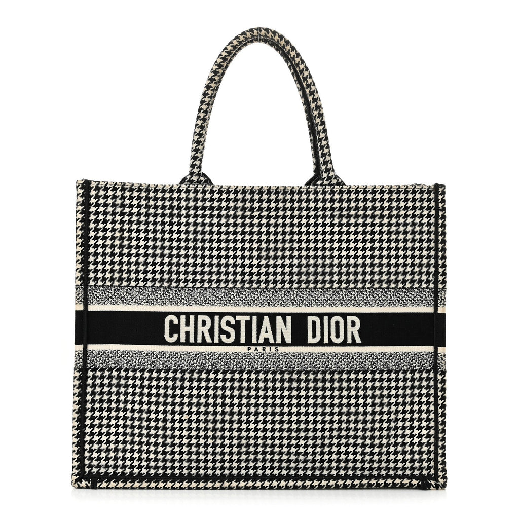 Canvas Houndstooth Embroidered Large Book Tote Black White