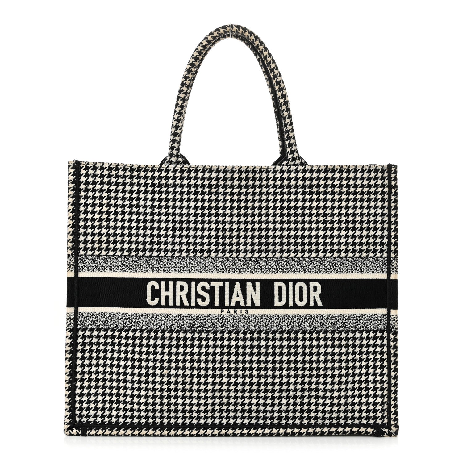Canvas Houndstooth Embroidered Large Book Tote Black White