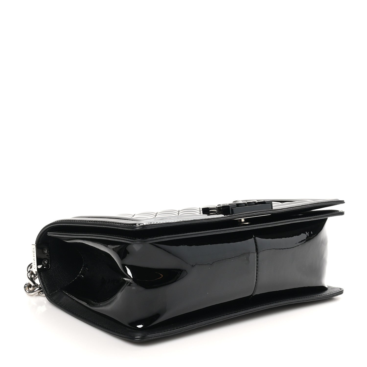 Patent Calfskin Quilted Medium Plexiglass Boy Flap Black