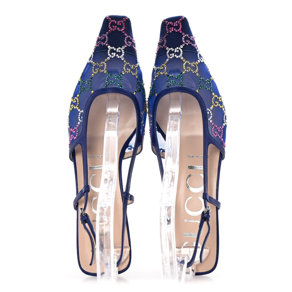 Tela Retino Nappa Charlotte Crystal GG Monogram Square G 35mm Slingback Pumps 39 Splash Net Blue Witch
