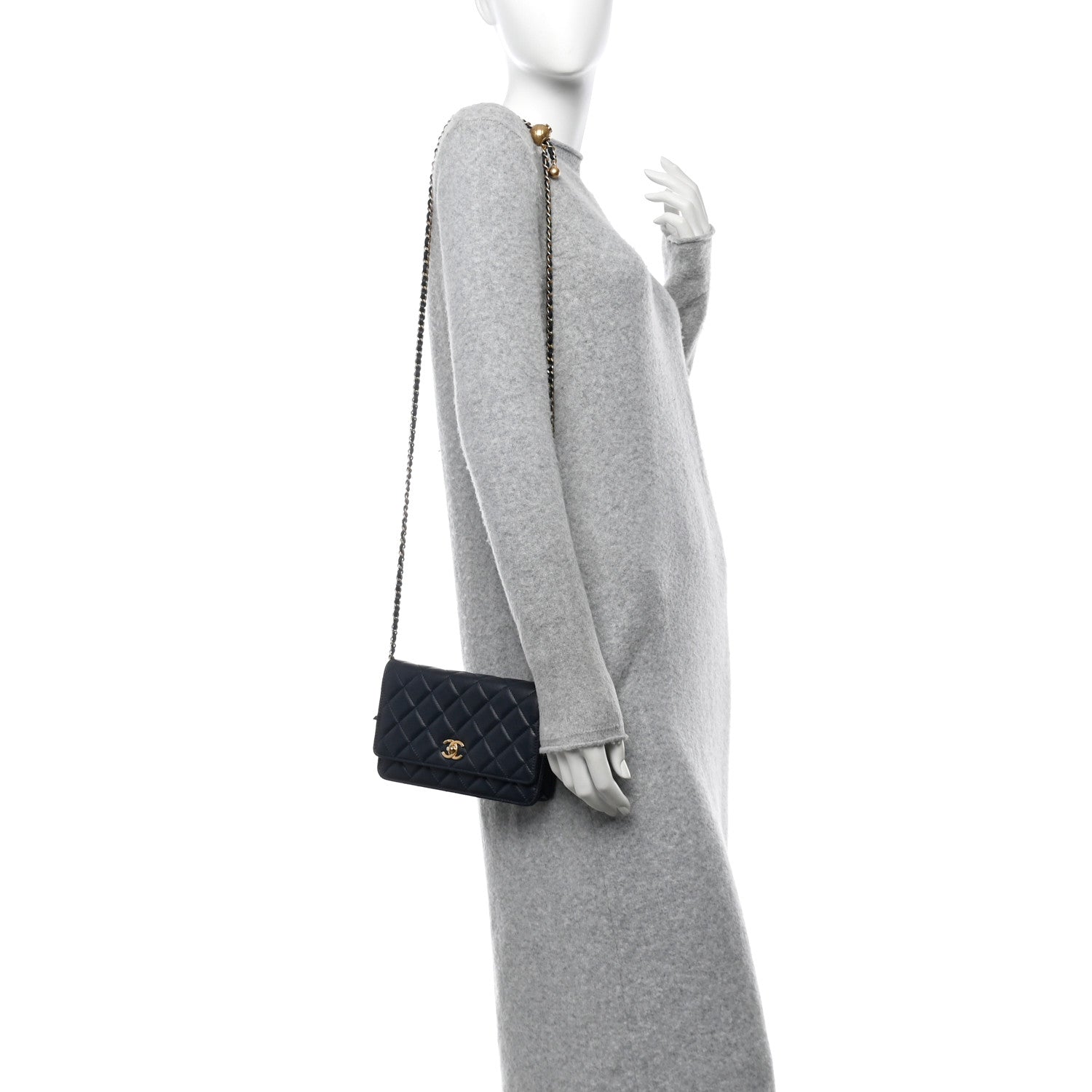 Lambskin Quilted Pearl Crush Wallet on Chain WOC Navy