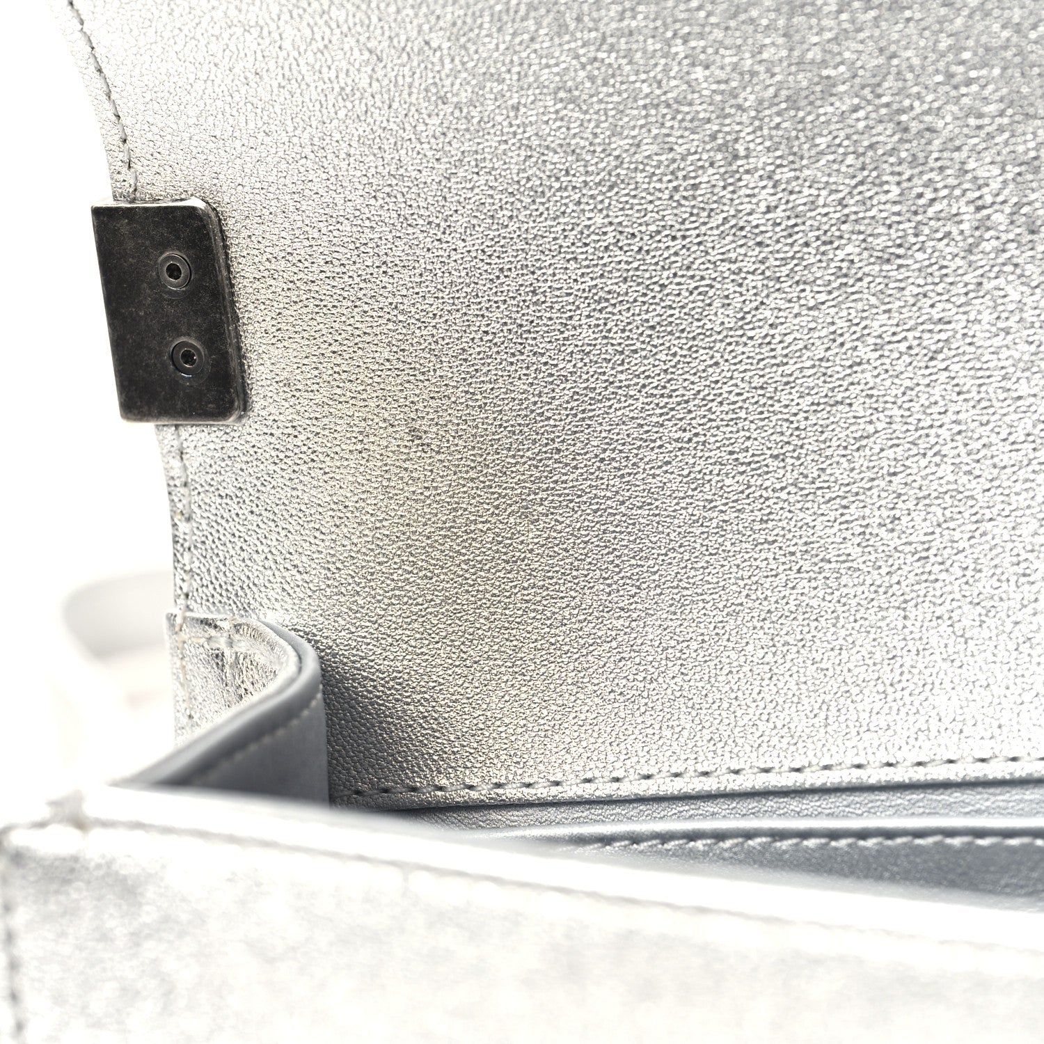 Metallic Calfskin Crystal Embroidered Small Boy Flap Silver