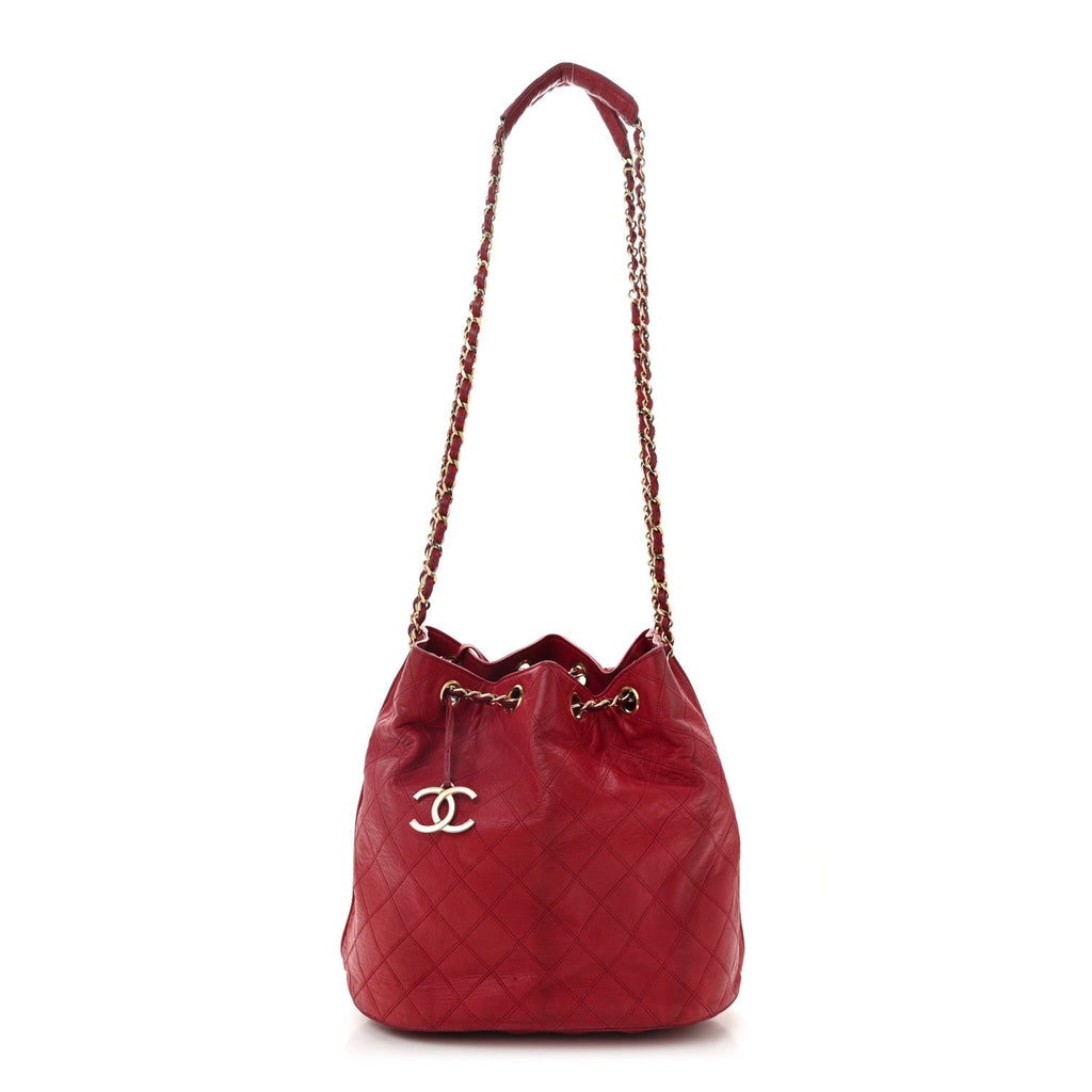 Lambskin Diamond Stitched CC Drawstring Shoulder Bag Red