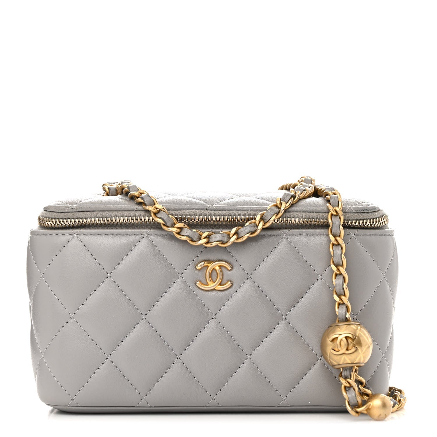 Lambskin Quilted Small Pearl Crush Vanity Case With Chain Grey