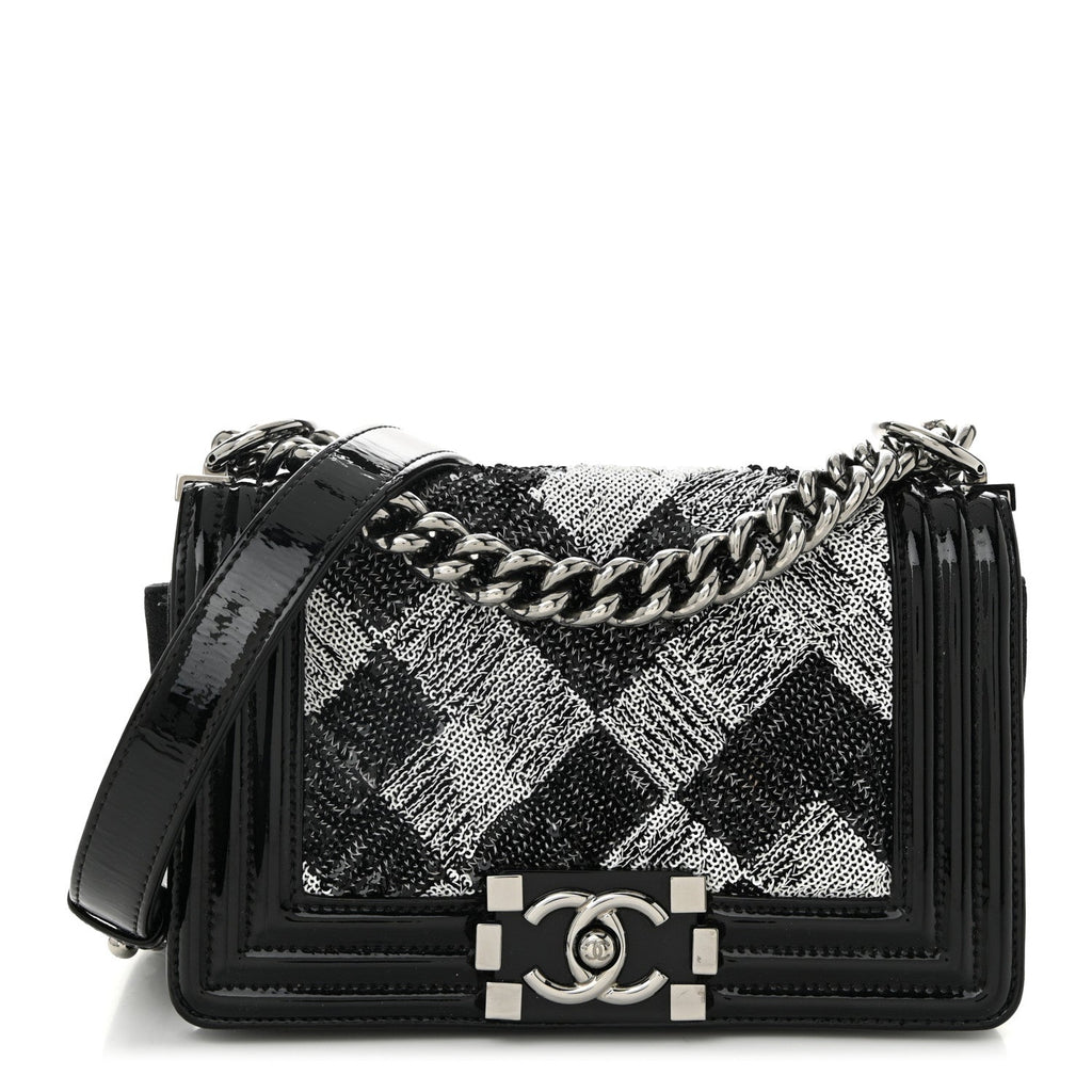 Patent Iridescent Calfskin Sequin Small Boy Flap Bag Black