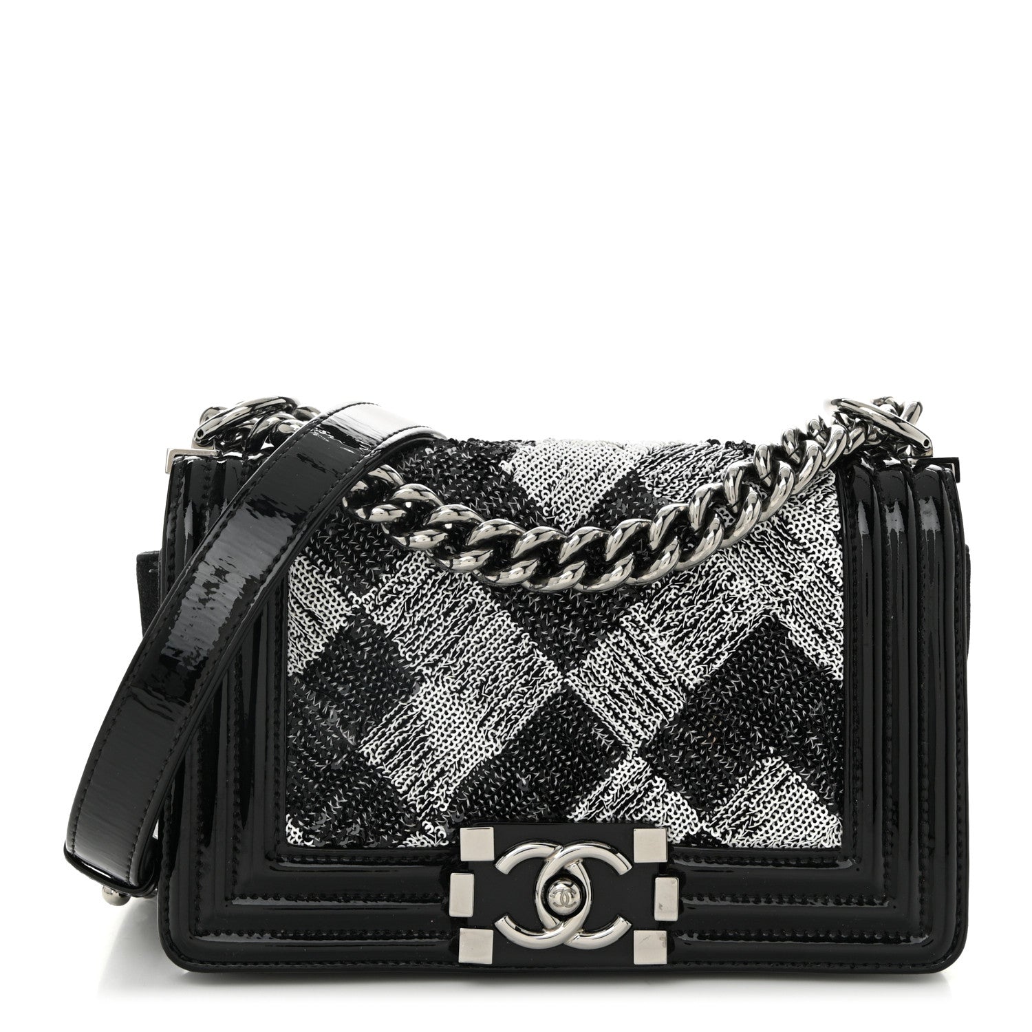 Patent Iridescent Calfskin Sequin Small Boy Flap Bag Black