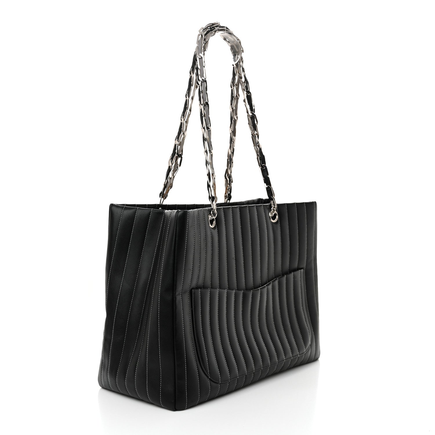 Lambskin Vertical Quilted Large Mademoiselle Tote Black