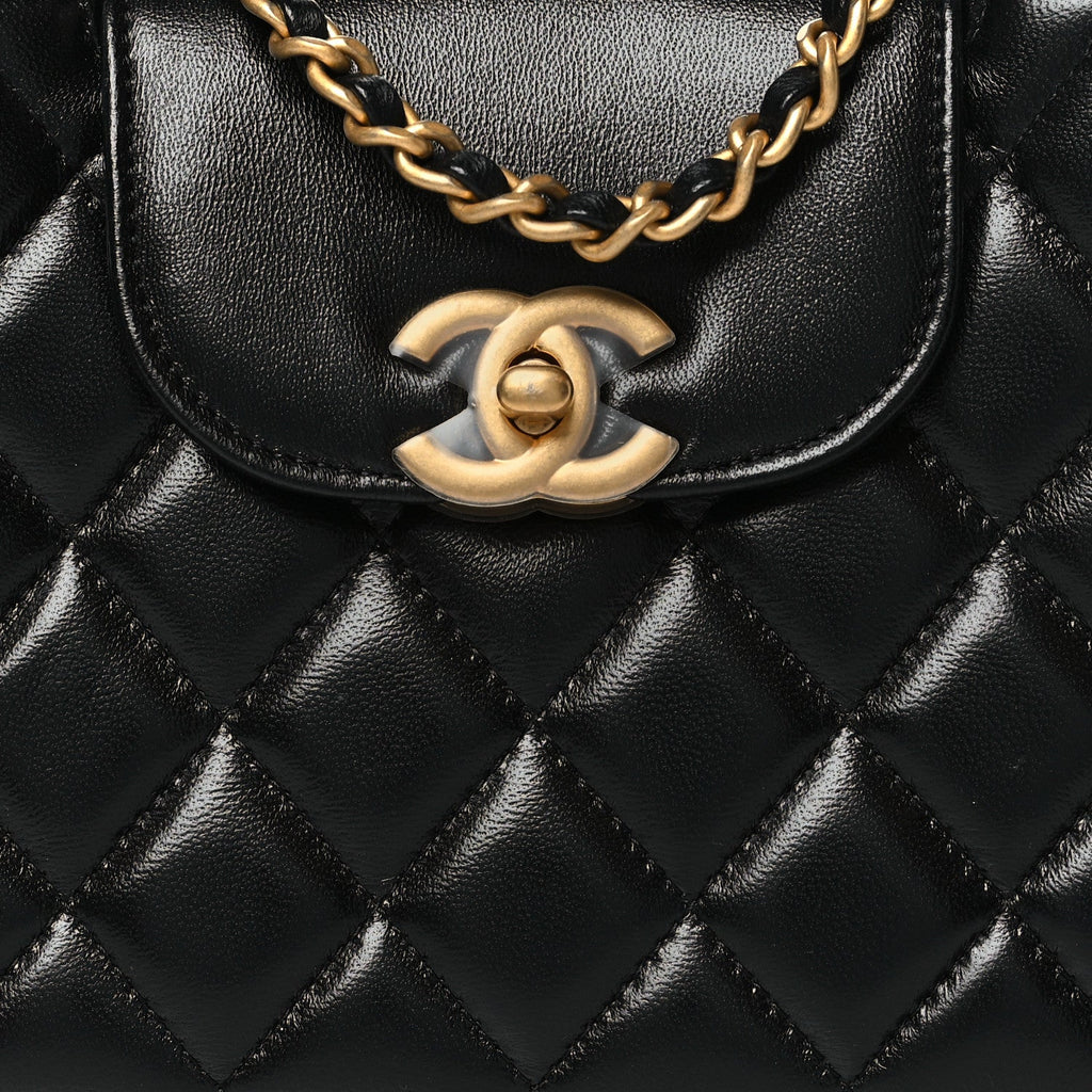 Shiny Aged Calfskin Quilted Nano Kelly Shopper Black