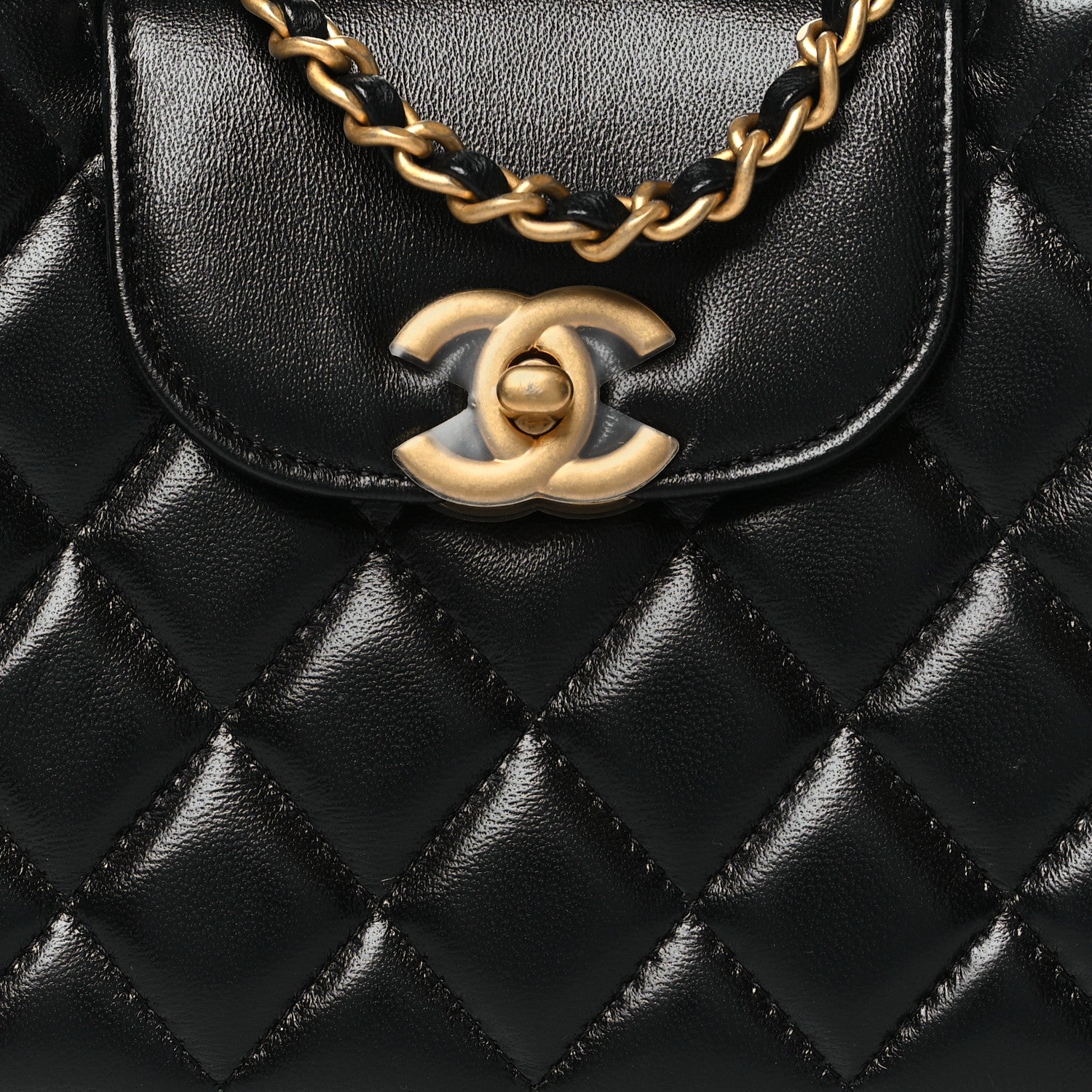 Shiny Aged Calfskin Quilted Nano Kelly Shopper Black