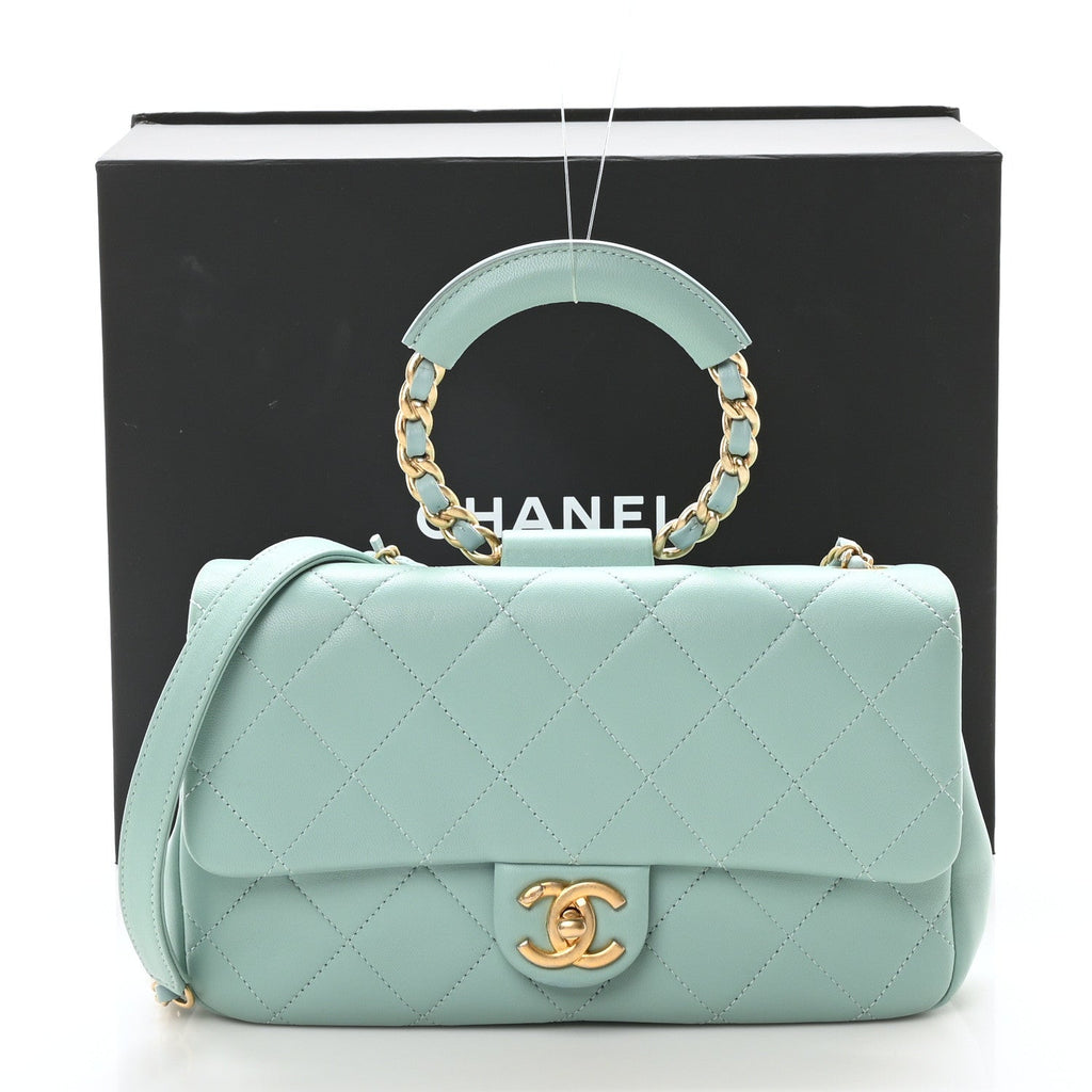 Lambskin Quilted Medium In The Loop Handle Flap Bag Light Blue