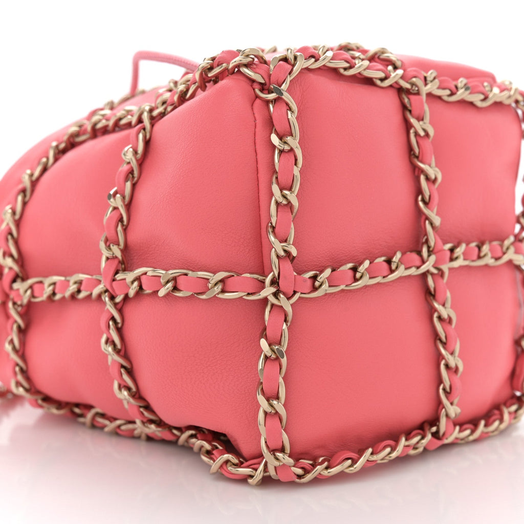 Lambskin Bucket Chain Drawstring Bag Pink