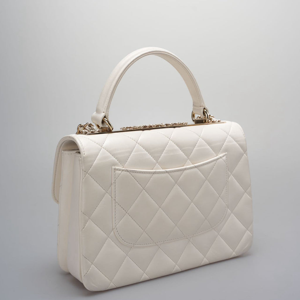 Chanel White Trendy CC Bag In Lambskin Leather With Top Handle In Small Size