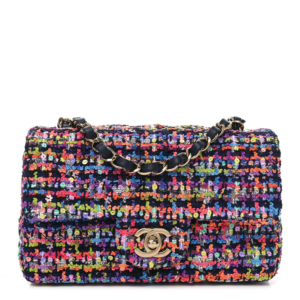 Tweed Quilted Mini Rectangular Flap Navy Blue Multicolor