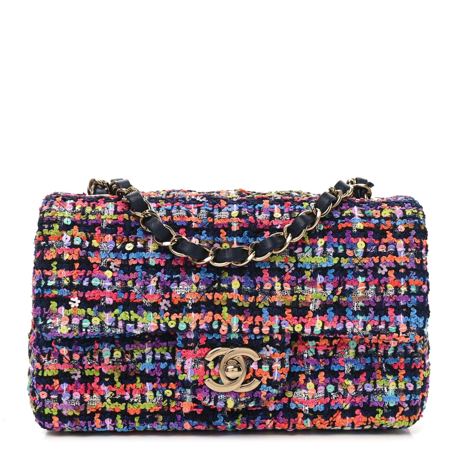 Tweed Quilted Mini Rectangular Flap Navy Blue Multicolor