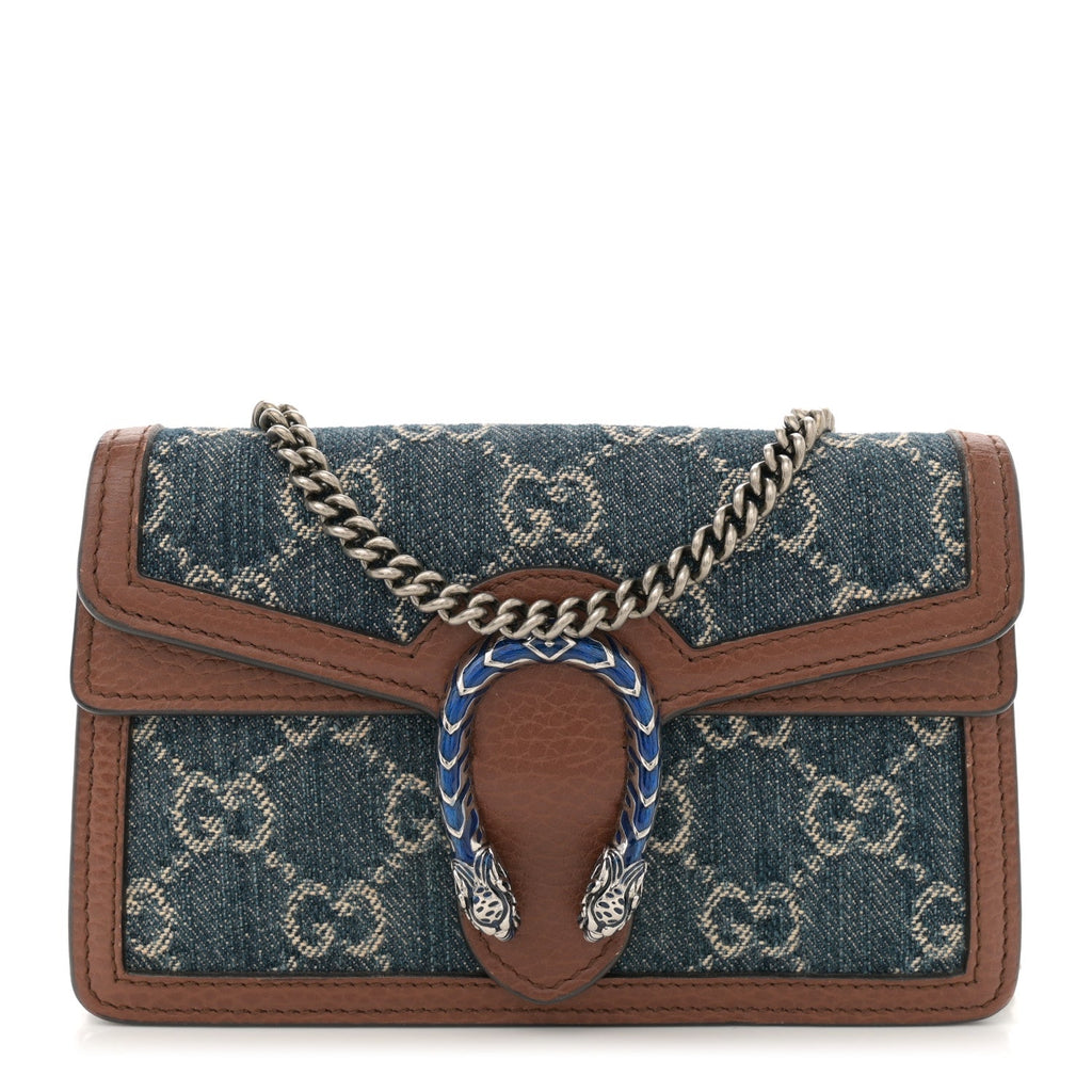 New Denim GG Monogram Dollar Calfskin Enamel Super Mini Dionysus Shoulder Bag Blue Tea Cuir Epilog Electric Blue
